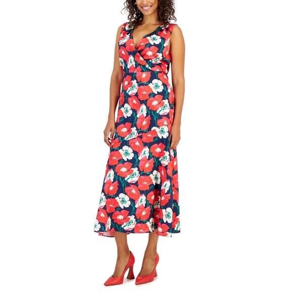 Sam Edelman Women's Sleeveless V Neck Midi Dress Floral Colorful Red Pink 14 - Picture 1 of 14